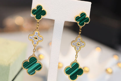 [Lumina]CLOVER EARRINGS GOLD MALACHITE DIAMOND 3 MOTIF