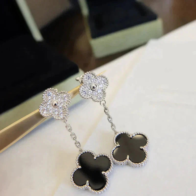 [Lumina]CLOVER 2 MOTIFS  DIAMOND ONYX EARRINGS SILVER