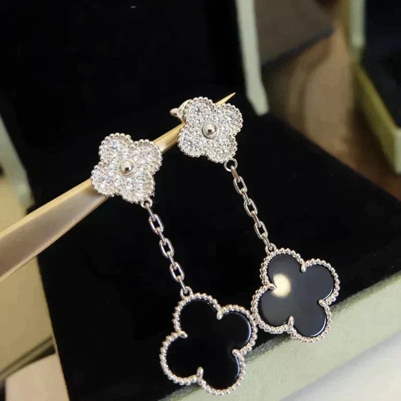 [Lumina]CLOVER 2 MOTIFS  DIAMOND ONYX EARRINGS SILVER