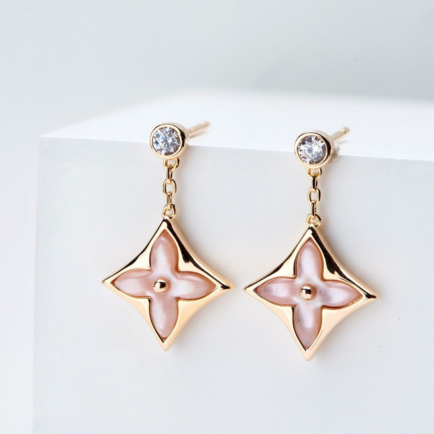 [Lumina]DOUBLE STAR PINK GOLD MOP DROP EARRINGS