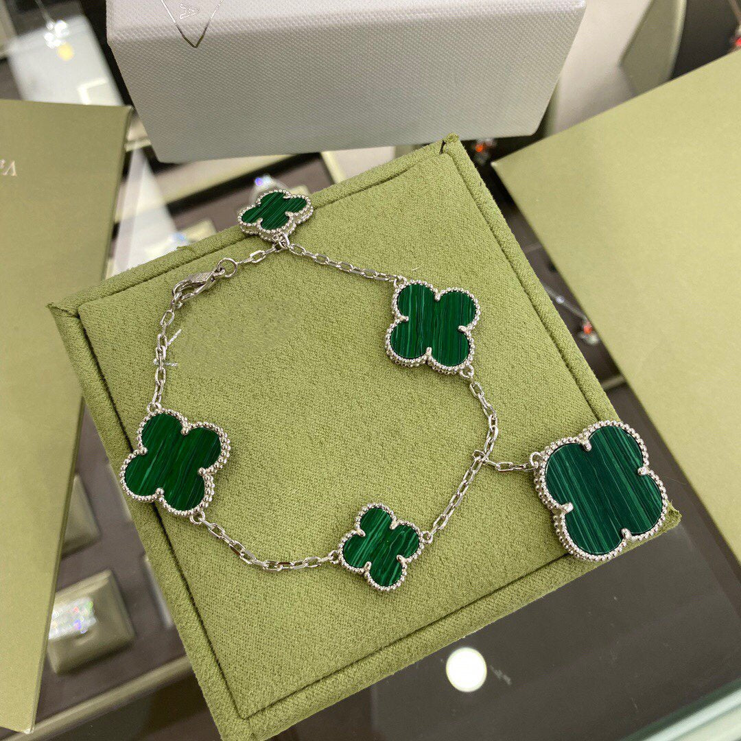 [Lumina]CLOVER 5 MOTIFS SIVLER MALACHITE BRACELET