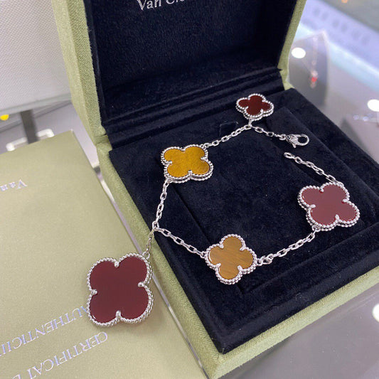 [Lumina]CLOVER 5 MOTIFS SIVLER CARNELIAN TIGER EYE BRACELET