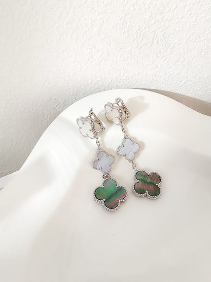 [Lumina]CLOVER 3 MOTIFS CHALCEDONY DARK MOP SILVER EARRINGS