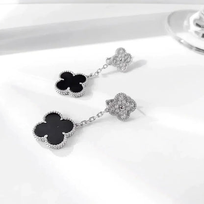 [Lumina]CLOVER 2 MOTIFS  DIAMOND ONYX EARRINGS SILVER