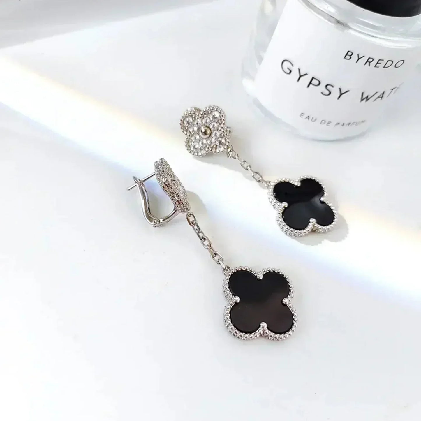 [Lumina]CLOVER 2 MOTIFS  DIAMOND ONYX EARRINGS SILVER