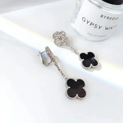 [Lumina]CLOVER 2 MOTIFS  DIAMOND ONYX EARRINGS SILVER
