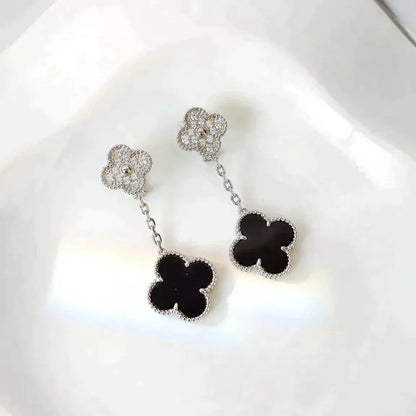 [Lumina]CLOVER 2 MOTIFS  DIAMOND ONYX EARRINGS SILVER