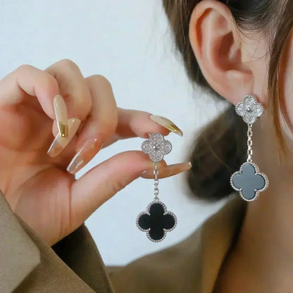 [Lumina]CLOVER 2 MOTIFS  DIAMOND ONYX EARRINGS SILVER
