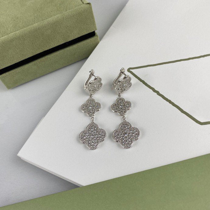 [Lumina]CLOVER 3 MOTIF DIAMOND SILVER DROP EARRINGS