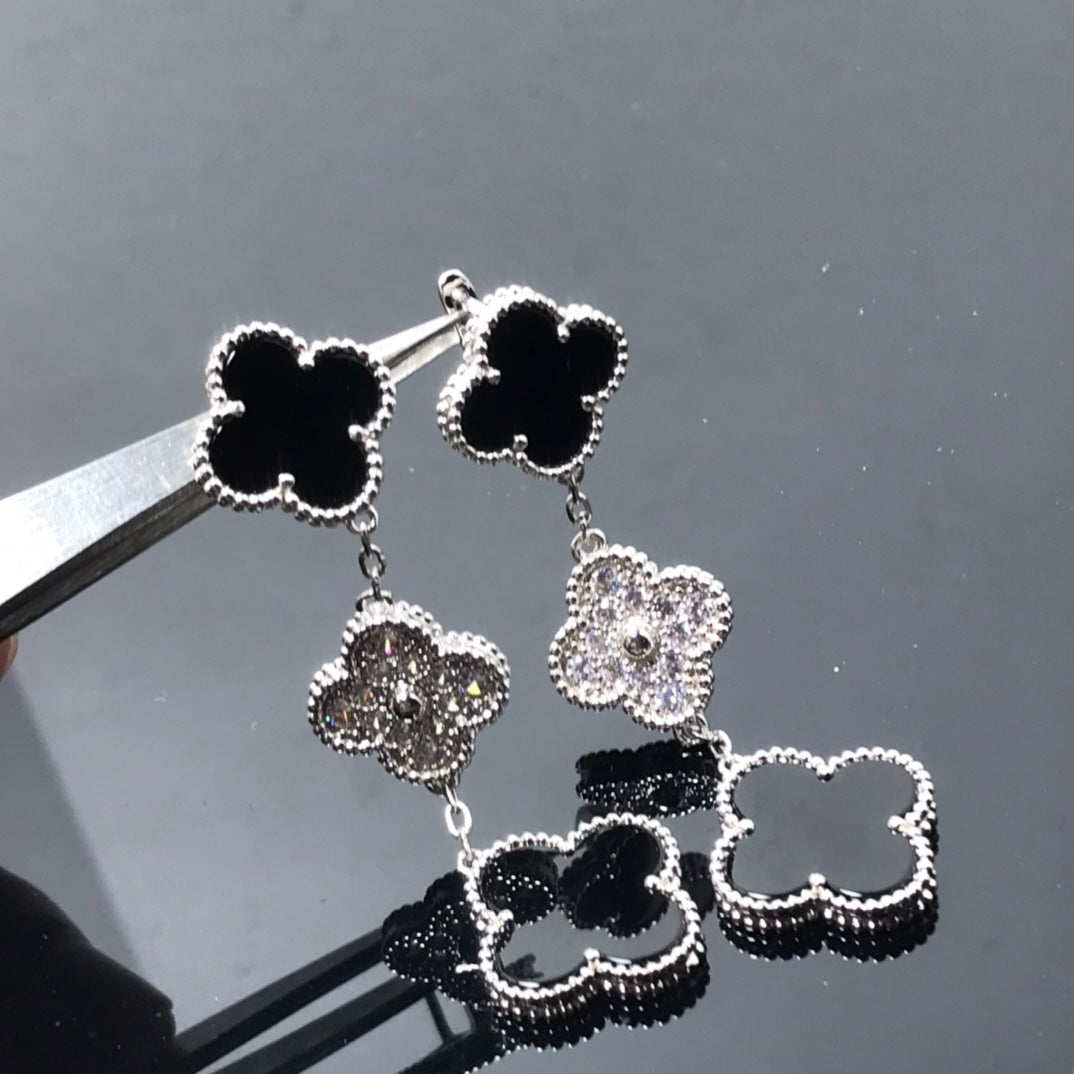 [Lumina]CLOVER 3 MOTIF DIAMOND ONYX SILVER EARRINGS