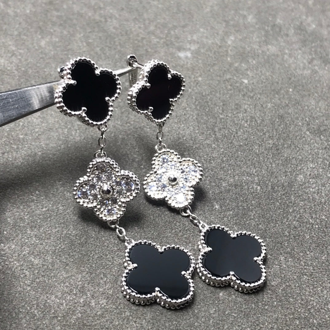 [Lumina]CLOVER 3 MOTIF DIAMOND ONYX SILVER EARRINGS