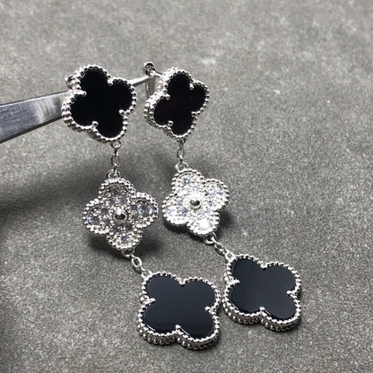 [Lumina]CLOVER 3 MOTIF DIAMOND ONYX SILVER EARRINGS