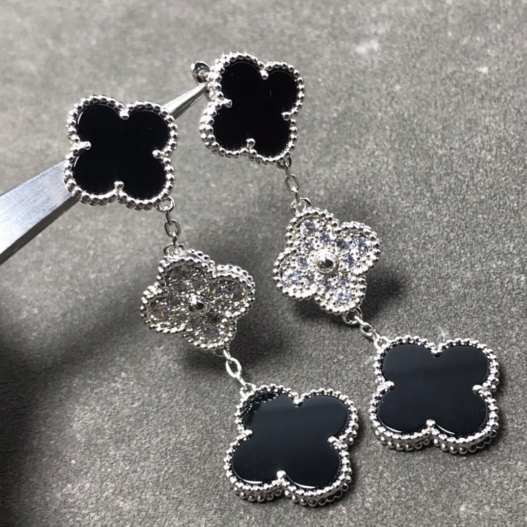 [Lumina]CLOVER 3 MOTIF DIAMOND ONYX SILVER EARRINGS