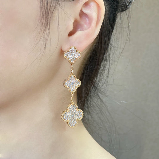 [Lumina]CLOVER 3 MOTIFS DIAMOND PAVED Lumina GOLD EARRINGS