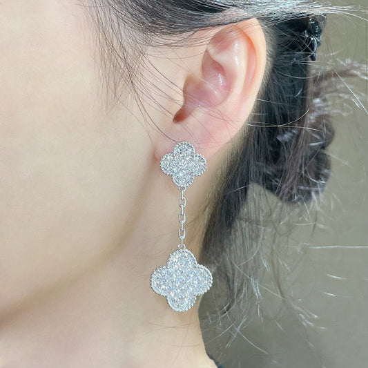 [Lumina]CLOVER 2 MOTIFS DIAMOND PAVED SILVER EARRINGS
