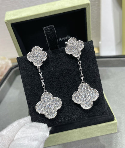 [Lumina]CLOVER 2 MOTIFS DIAMOND PAVED SILVER EARRINGS