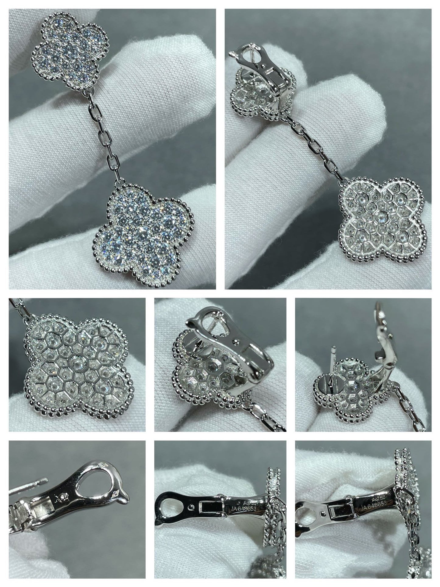 [Lumina]CLOVER 2 MOTIFS DIAMOND PAVED SILVER EARRINGS