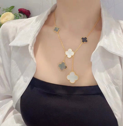 [Lumina]CLOVER 6 MOTIF MOP ONYX GOLD NECKLACE