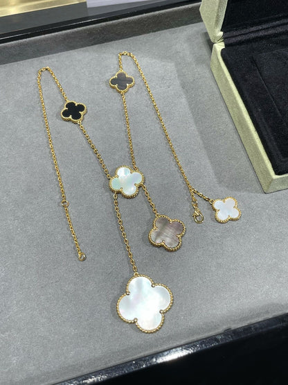 [Lumina]CLOVER 6 MOTIF MOP ONYX GOLD NECKLACE