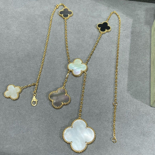 [Lumina]CLOVER 6 MOTIF MOP ONYX GOLD NECKLACE