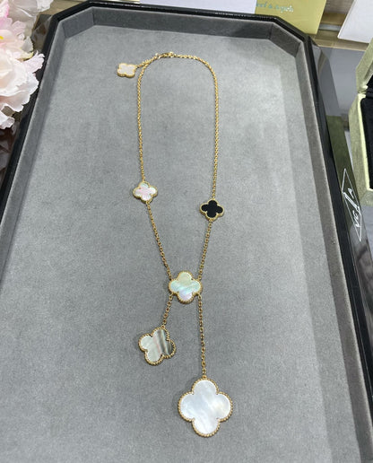 [Lumina]CLOVER 6 MOTIF MOP ONYX GOLD NECKLACE