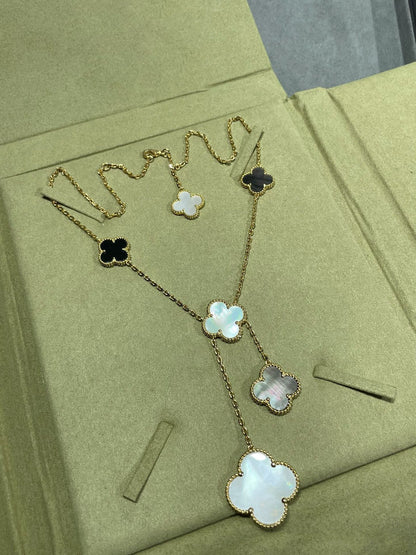 [Lumina]CLOVER 6 MOTIF MOP ONYX GOLD NECKLACE