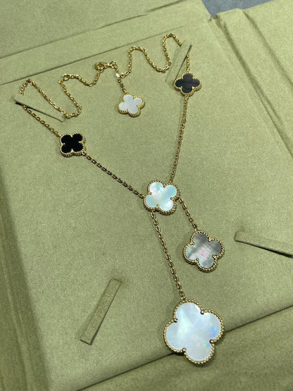 [Lumina]CLOVER 6 MOTIF MOP ONYX GOLD NECKLACE