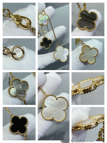 [Lumina]CLOVER 6 MOTIF MOP ONYX GOLD NECKLACE