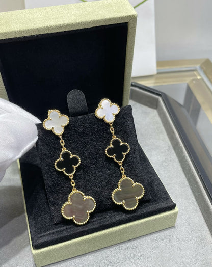 [Lumina]CLOVER 3 MOTIF MOP ONYX DARK MOP PINK GOLD EARRINGS