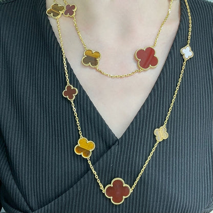[Lumina]CLOVER 16 MOTIF CARNELIAN TIGER EYE Lumina GOLD NECKLACE