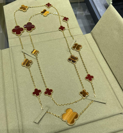 [Lumina]CLOVER 16 MOTIF CARNELIAN TIGER EYE Lumina GOLD NECKLACE