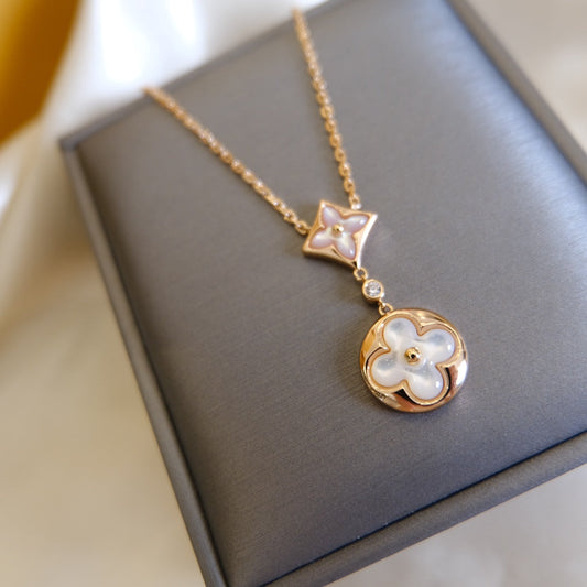 [Lumina]STAR AND SUN WHITE MOP 2 MOTIF PINK GOLD NECKLACE