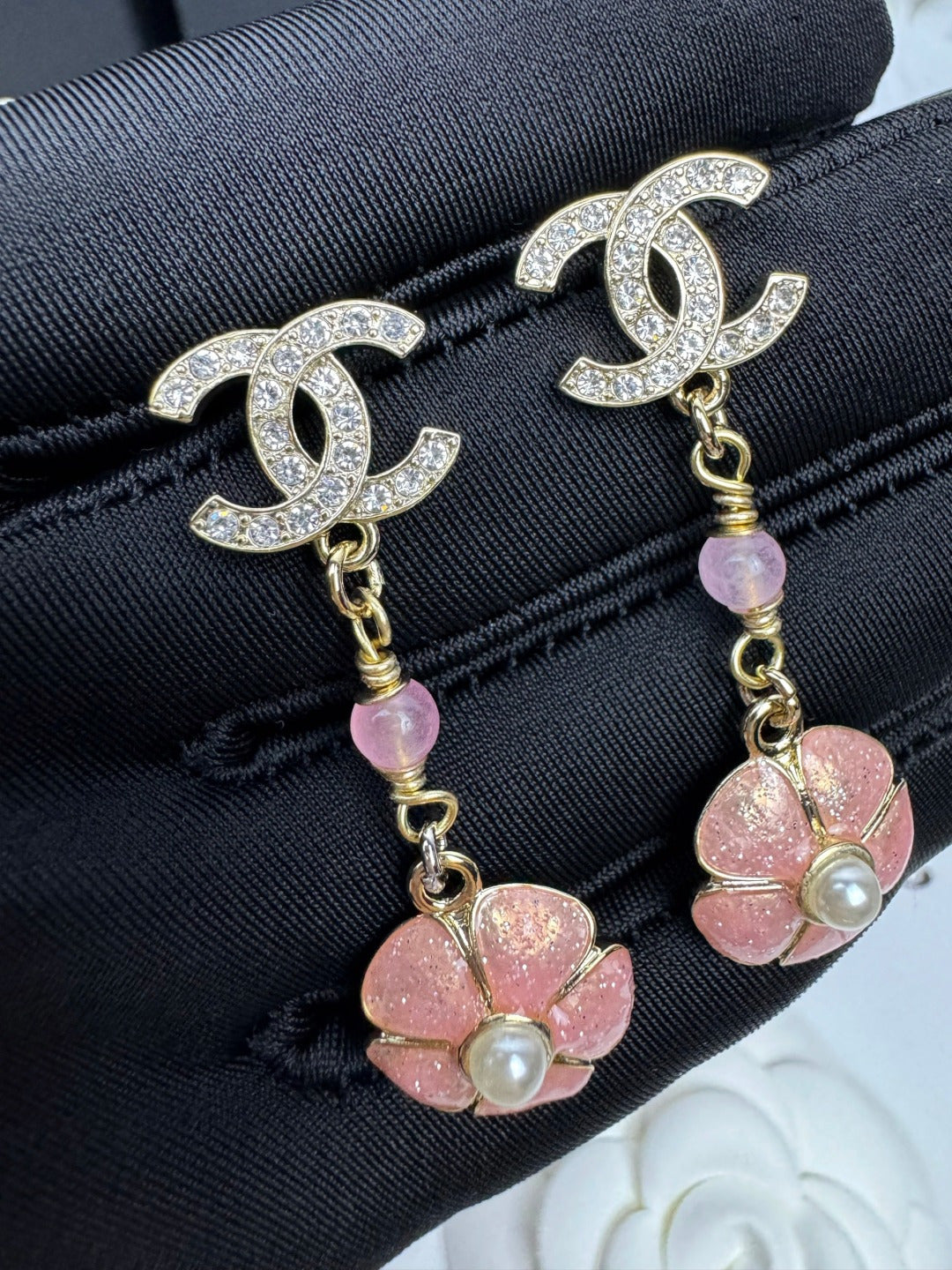 [Lumina]26C Pink Camellia Enamel Pendant with Double C Earrings