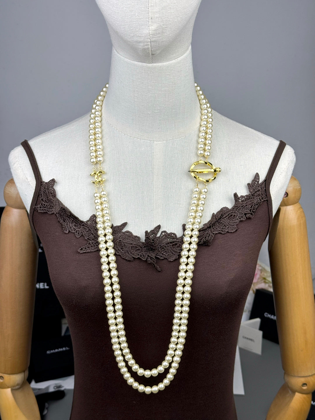 [Lumina]25K Pencil Double C Double-Layer Pearl Sweater Chain