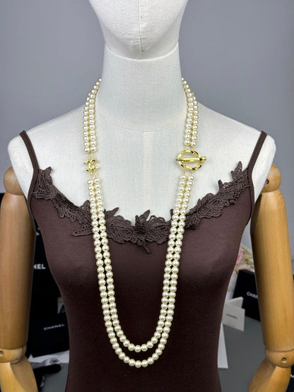 [Lumina]25K Pencil Double C Double-Layer Pearl Sweater Chain