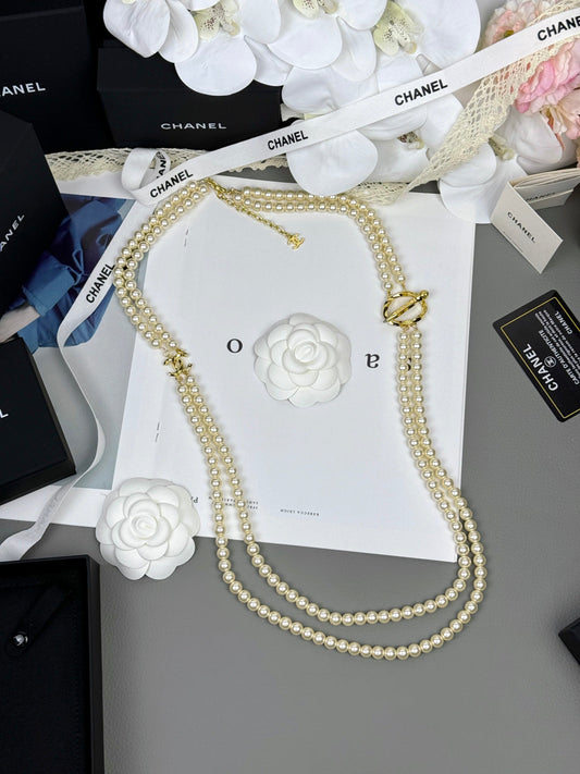 [Lumina]25K Pencil Double C Double-Layer Pearl Sweater Chain