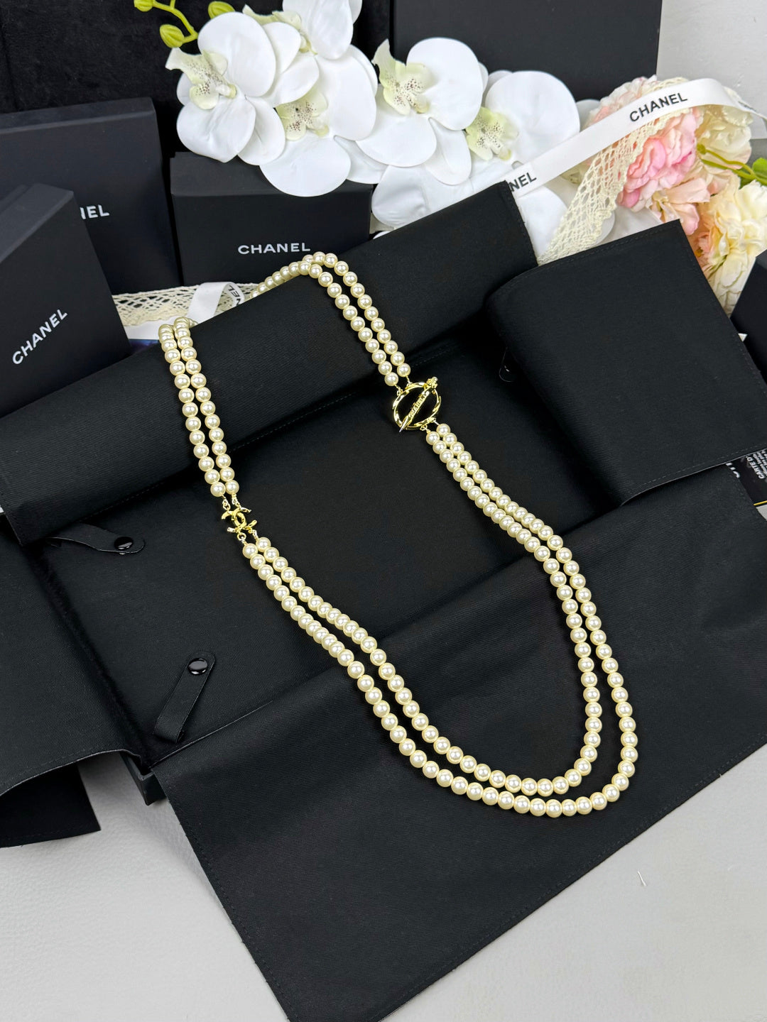 [Lumina]25K Pencil Double C Double-Layer Pearl Sweater Chain
