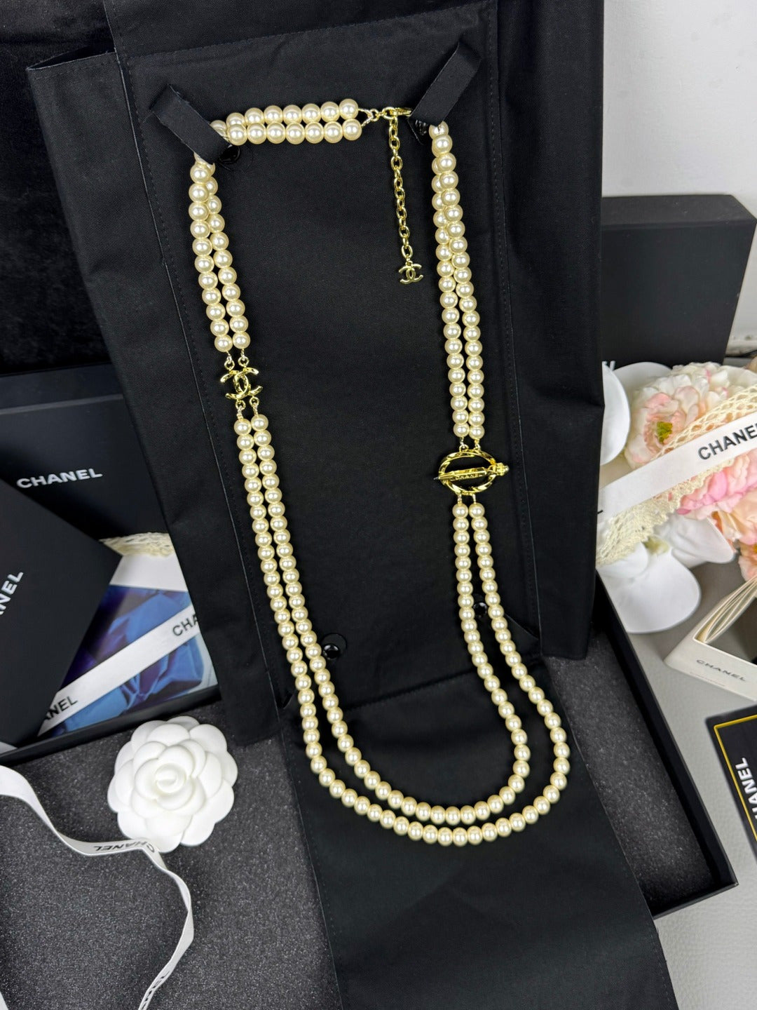 [Lumina]25K Pencil Double C Double-Layer Pearl Sweater Chain