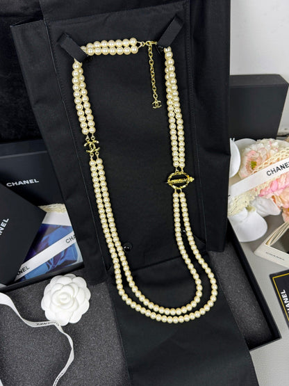 [Lumina]25K Pencil Double C Double-Layer Pearl Sweater Chain