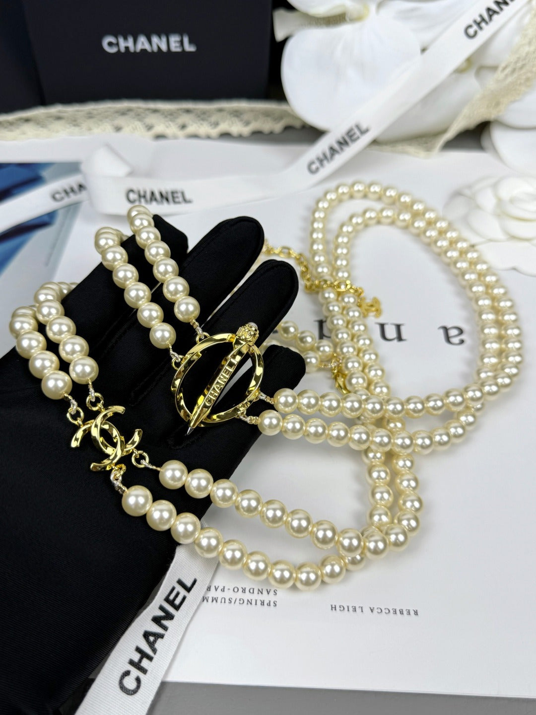 [Lumina]25K Pencil Double C Double-Layer Pearl Sweater Chain