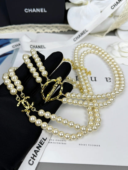 [Lumina]25K Pencil Double C Double-Layer Pearl Sweater Chain