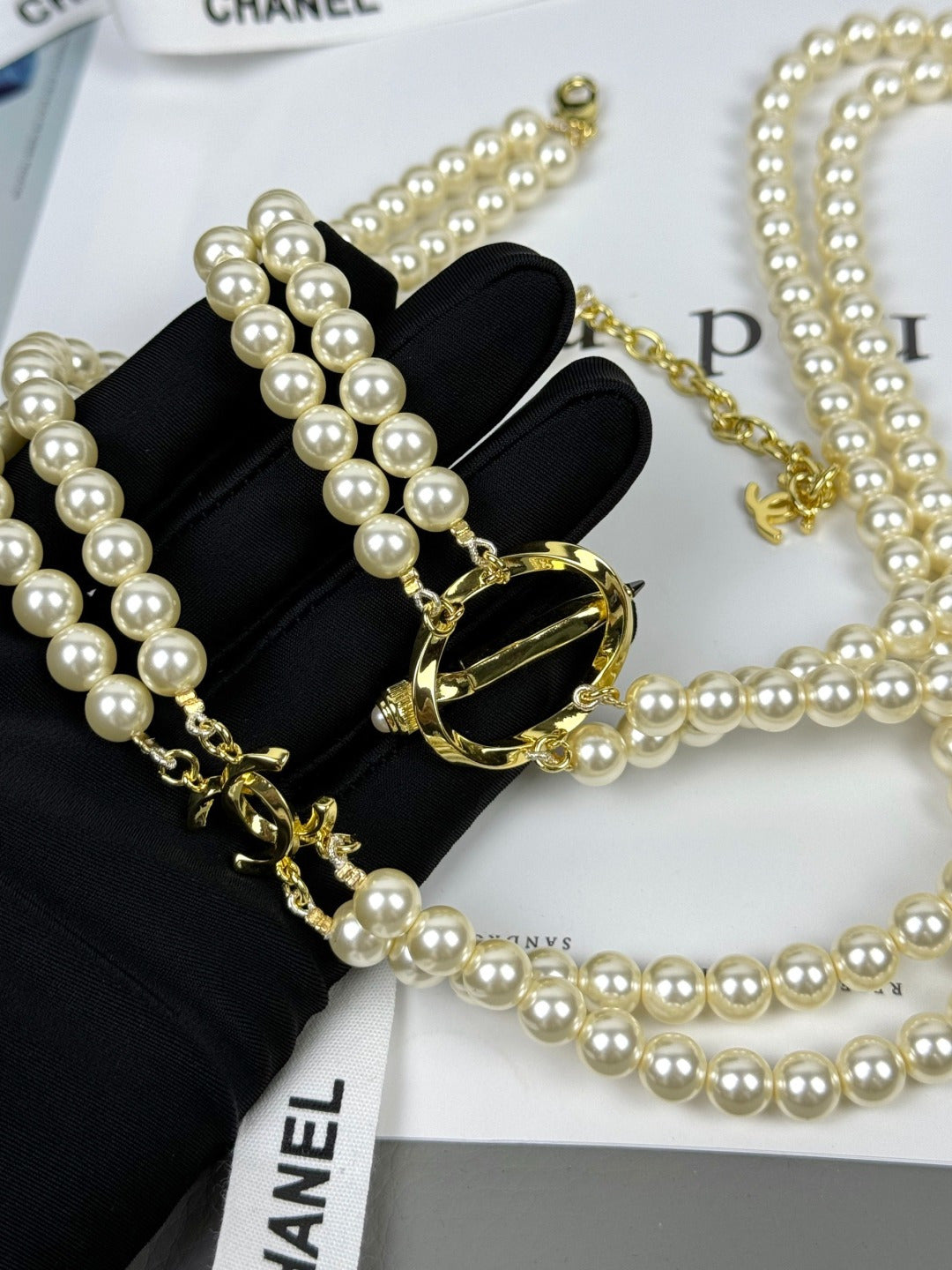 [Lumina]25K Pencil Double C Double-Layer Pearl Sweater Chain