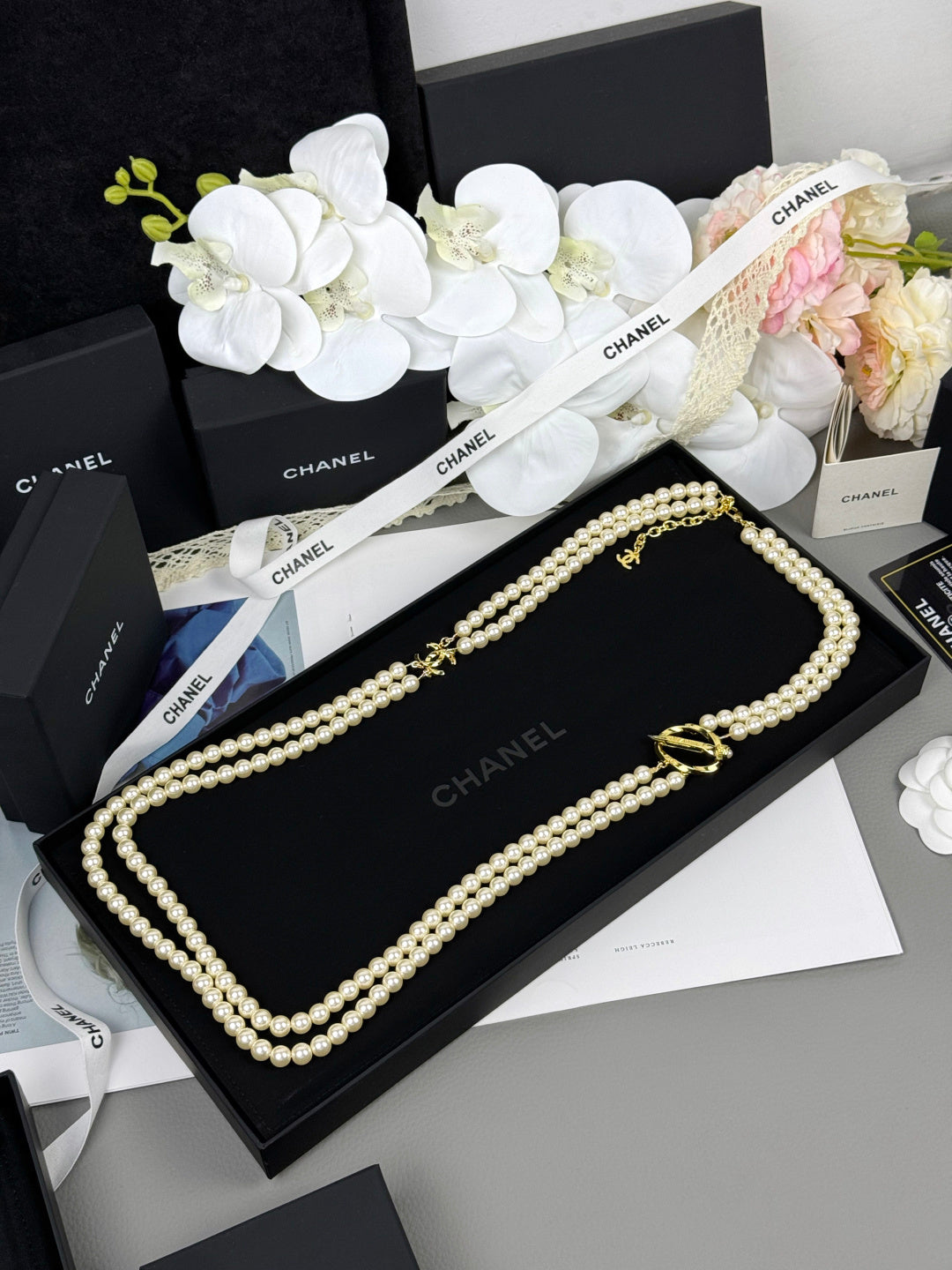 [Lumina]25K Pencil Double C Double-Layer Pearl Sweater Chain