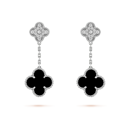 [Lumina]CLOVER 2 MOTIFS  DIAMOND ONYX EARRINGS SILVER