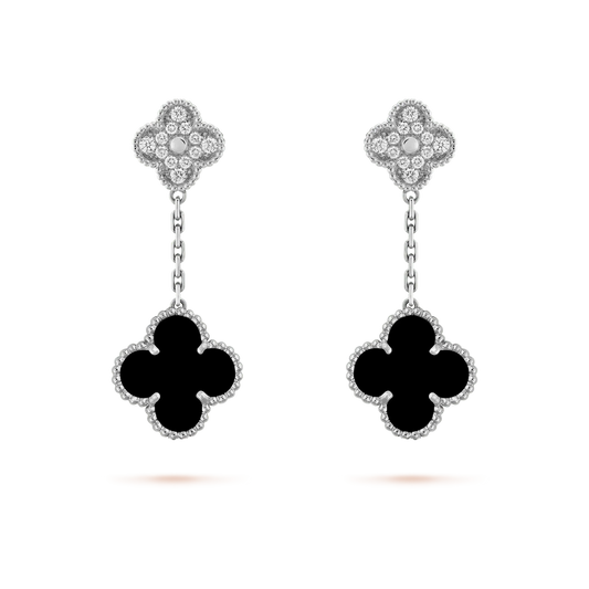 [Lumina]CLOVER 2 MOTIFS  DIAMOND ONYX EARRINGS SILVER
