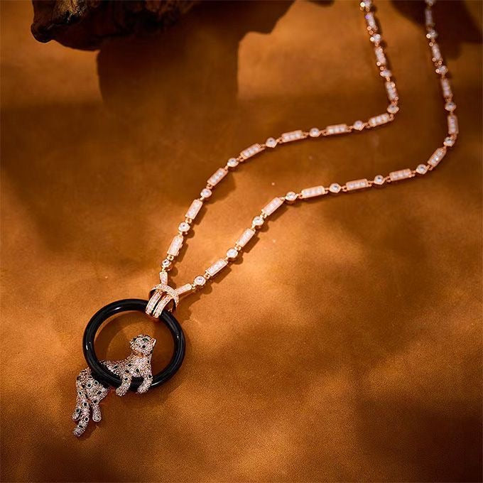 [Lumina jewelrys]NEW BLACK CIRCLE PANTHER FULL DIAMOND NECKLACE