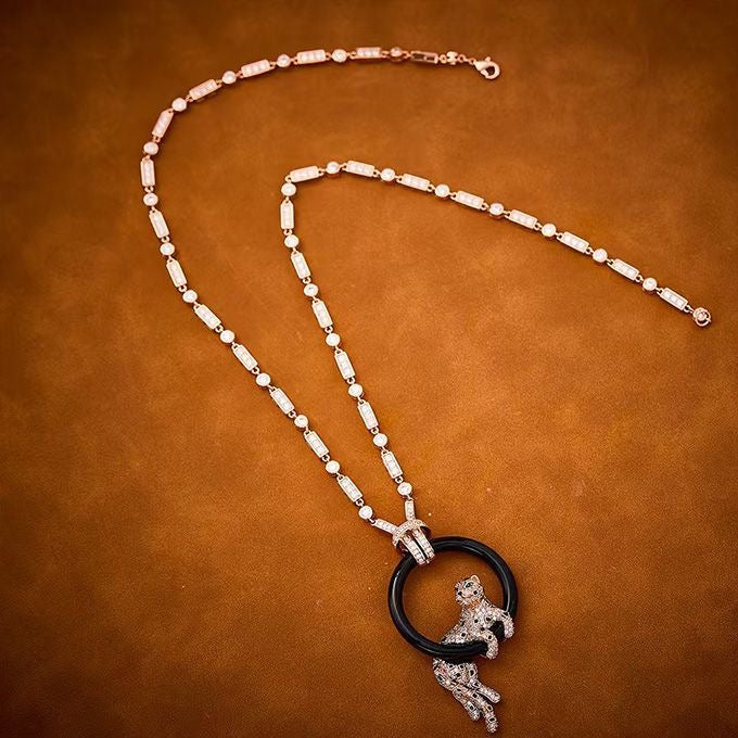 [Lumina jewelrys]NEW BLACK CIRCLE PANTHER FULL DIAMOND NECKLACE