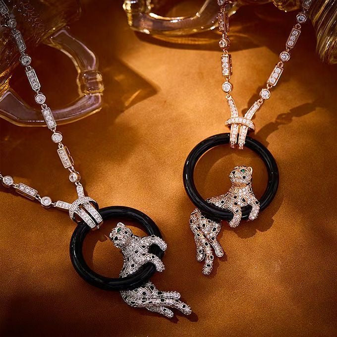 [Lumina jewelrys]NEW BLACK CIRCLE PANTHER FULL DIAMOND NECKLACE