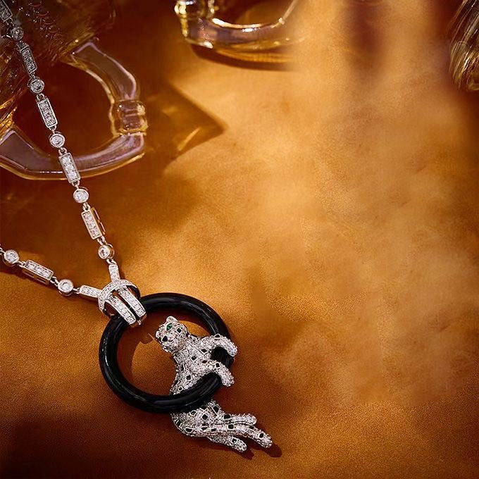 [Lumina jewelrys]NEW BLACK CIRCLE PANTHER FULL DIAMOND NECKLACE