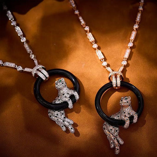 [Lumina jewelrys]NEW BLACK CIRCLE PANTHER FULL DIAMOND NECKLACE